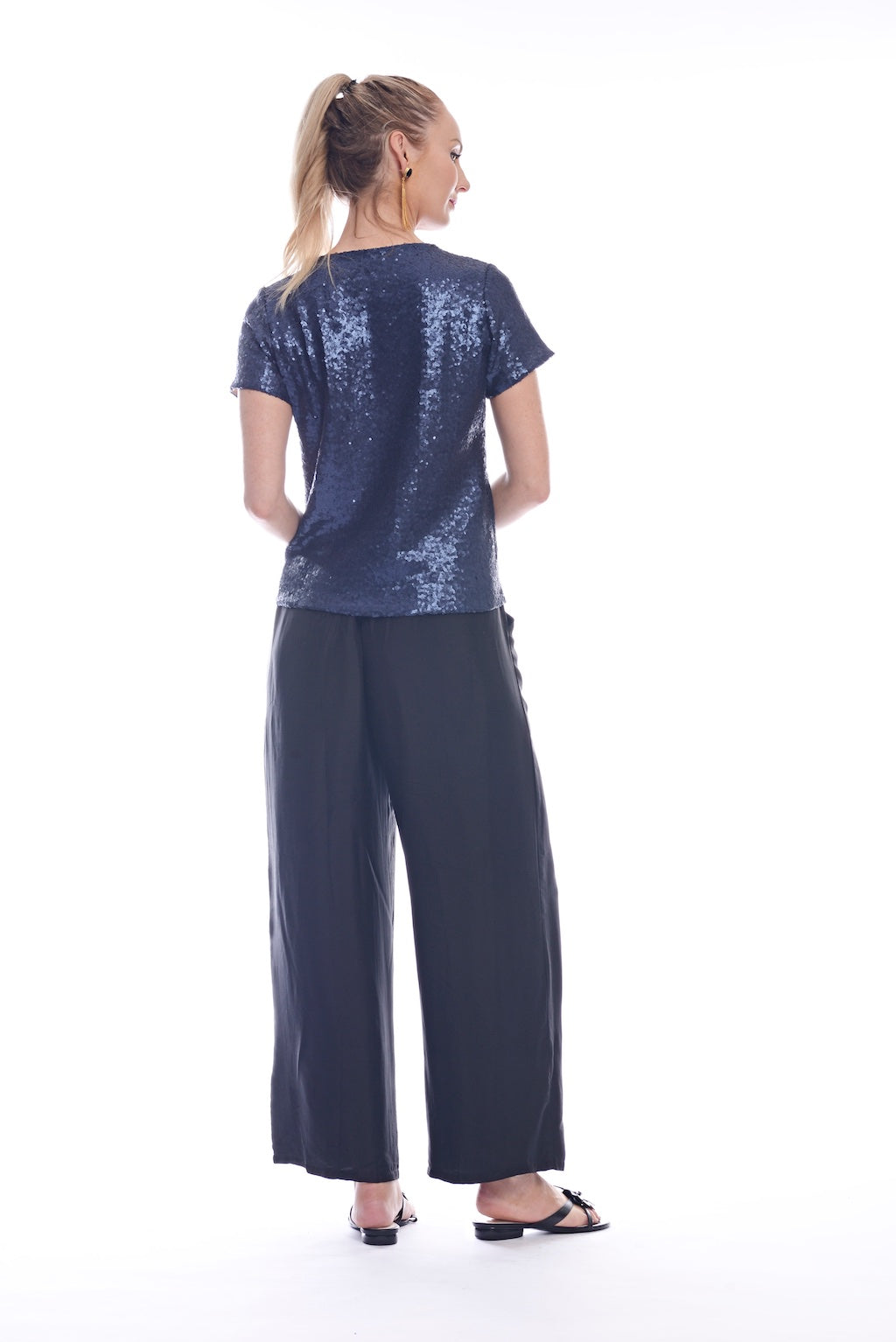 Blond-model-photographed-from-the-back-wearing-navy-metallic-cotton-top-and-black-Athens-pants-made-in-Australia-by-musee-today#colour_navy
