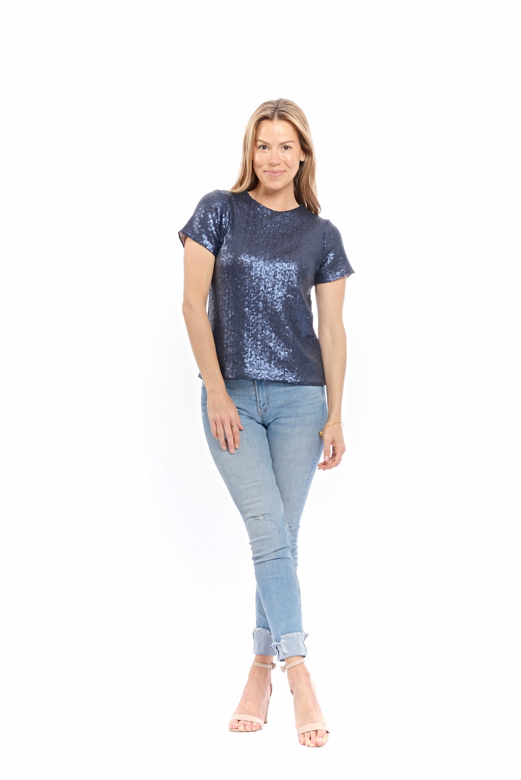 Blond-model-photographed-from-the-front-wearing-navy-metallic-cotton-top-and-jeans-made-in-Australia-by-musee-today#colour_navy