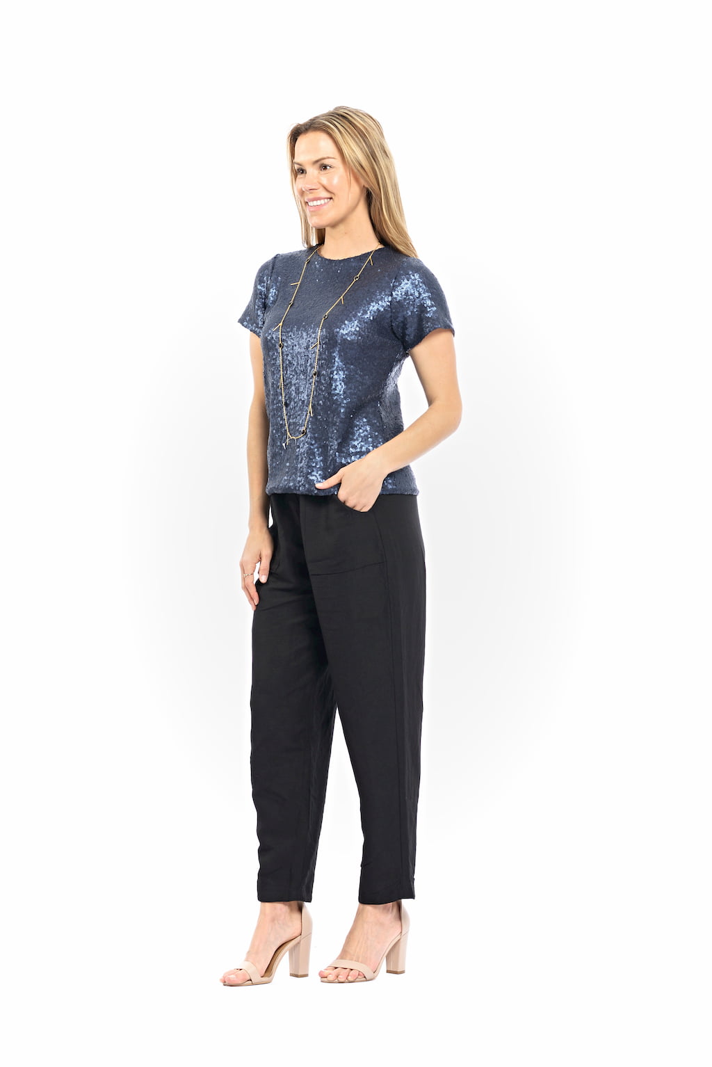 Blond-model-photographed-from-the-left-side-wearing-navy-metallic-cotton-top-and-black-Athens-pants-made-in-Australia-by-musee-today#colour_navy