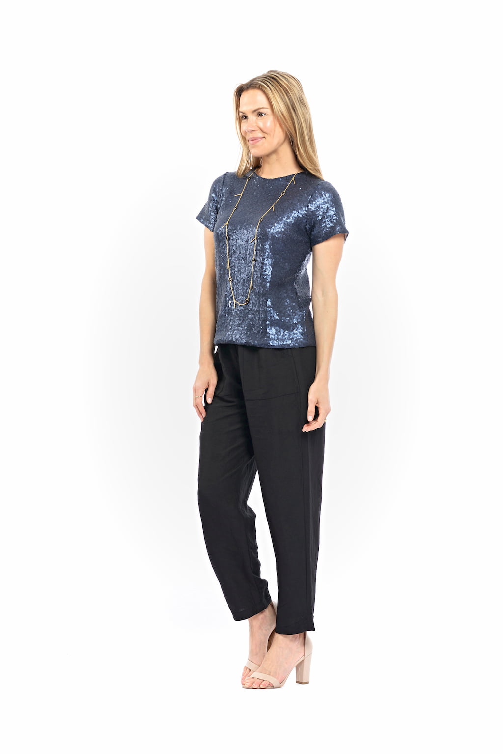 Blond-model-photographed-from-the-left-side-wearing-navy-metallic-cotton-top-and-black-Athens-pants-made-in-Australia-by-musee-today#colour_navy