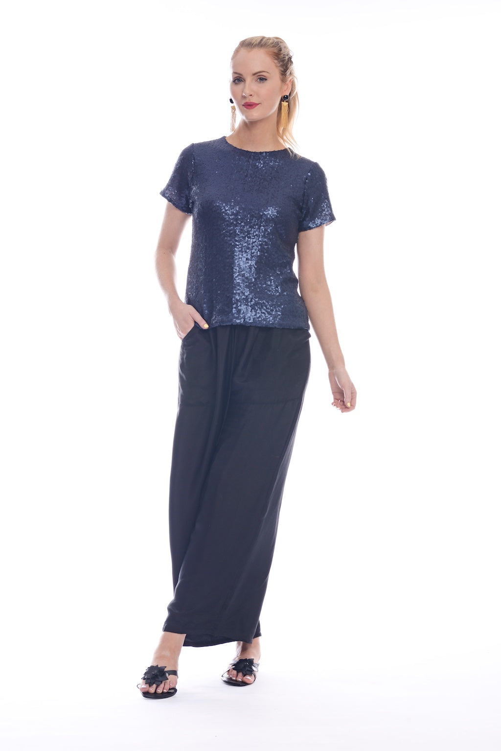 Blond-model-wearing-navy-metallic-cotton-top-and-black-Athens-pants-made-in-Australia-by-musee-today#colour_navy