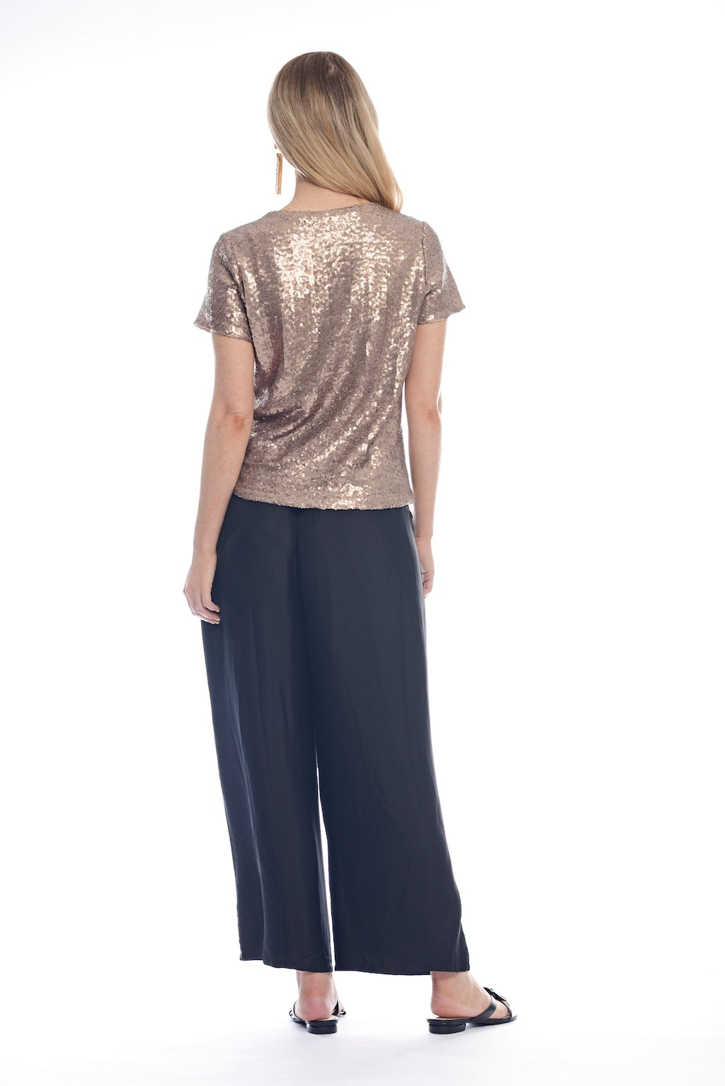 Blond-model-photographed-from-the-back-wearing-rose-gold-metallic-cotton-top-and-black-Athens-pants-all-made-in-Australia-by-musee-today#colour_rose-gold