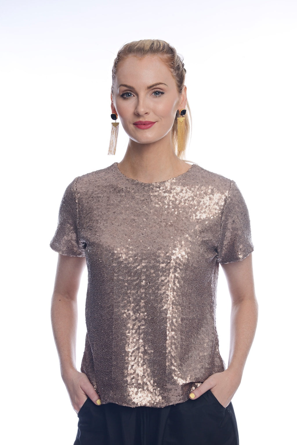 Blond-model-wearing-rose-gold-metallic-cotton-top-made-in-Australia-by-musee-today#colour_rose-gold