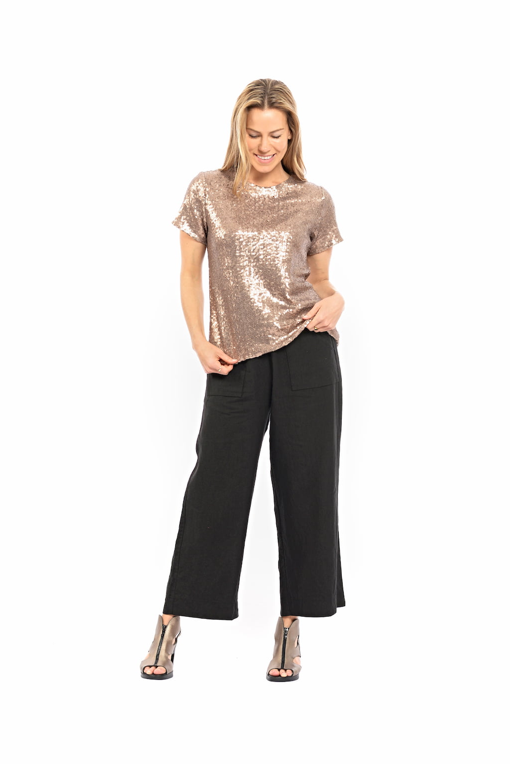 Blond-model-wearing-rose-gold-metallic-cotton-top-and-black-Athens-pants-all-made-in-Australia-by-musee-today#colour_rose-gold
