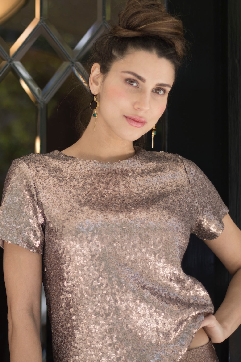 Brunette-model-wearing-rose-gold-metallic-cotton-top-made-in-Australia-by-musee-today#colour_rose-gold