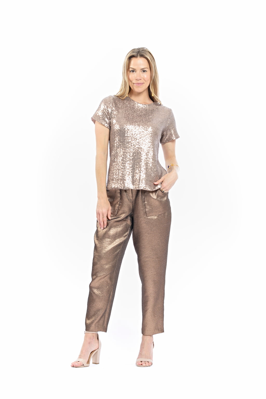 Blond-model-wearing-rose-gold-metallic-cotton-top-and-gold-metallic-Nowra-pants-all-made-in-Australia-by-musee-today#colour_rose-gold