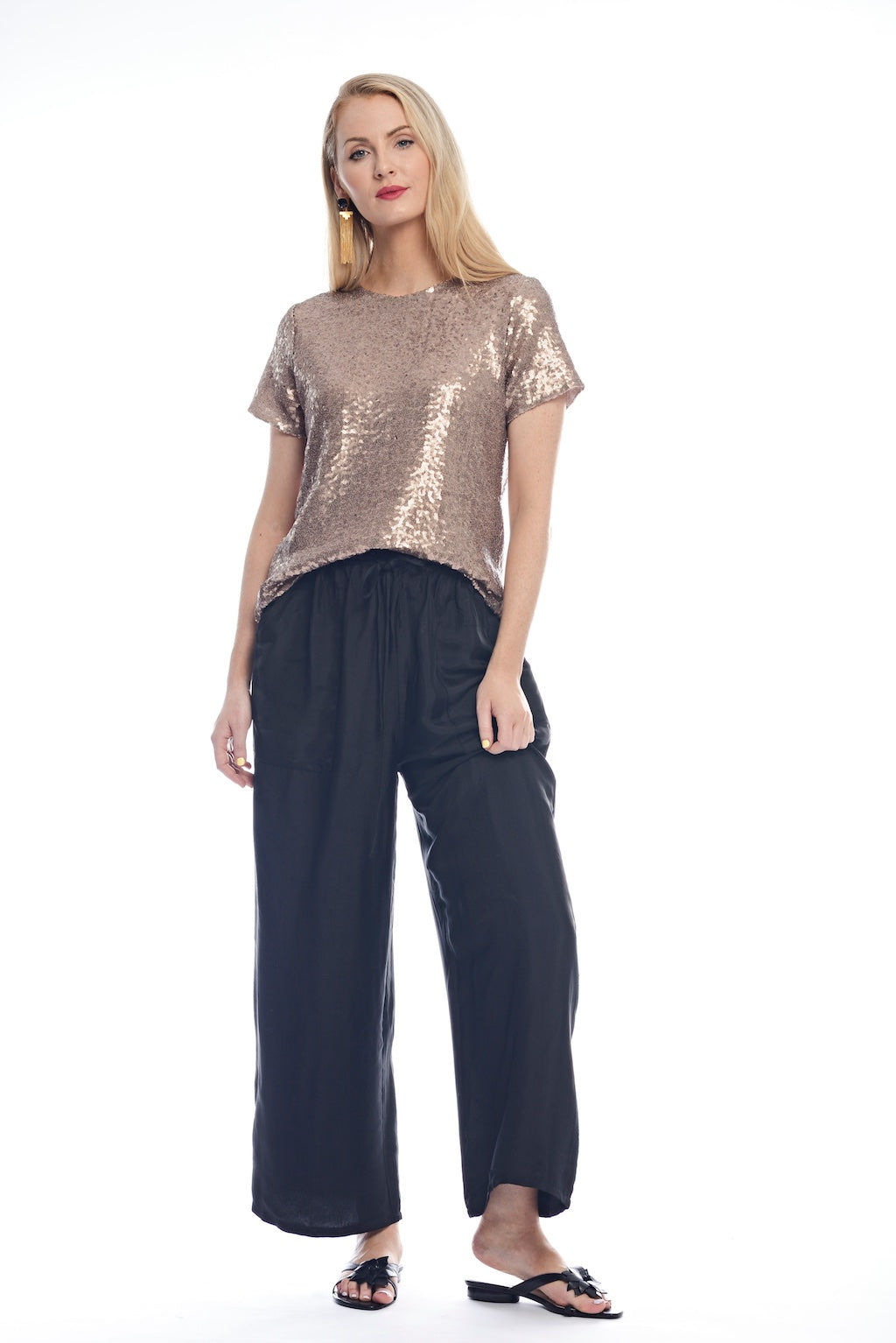 Blond-model-wearing-rose-gold-metallic-cotton-top-and-black-Athens-pants-all-made-in-Australia-by-musee-today#colour_rose-gold
